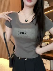 Korean Style U-Neck Short Sleeve T-Shirt Womens Slim Fit Printed Summer Fashion Versatile Top Korean Version Commute