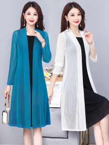 Womens Long Sleeve Open Cardigan Ice Silk Mesh Outerwear Spring Summer Mid-Length V-Neck Thin Jacket Versatile Shawl