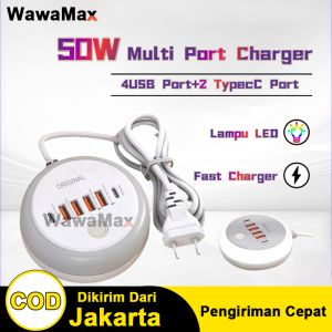 50W Fast Charger 2 TYPE-C + 4 USB USB Adaptor Power Kabel USB HUB 1 Meter Original Quick Charger Power Socket Port USB Travel with LED Night Light