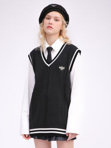 OG เสื้อกั๊กถักคอวีสีดำสไตล์เพรพพี้ใส่ด้านนอกแบบฤดูใบไม้ร่วงและฤดูหนาวเสื้อกั๊กผู้หญิงเสื้อไหมพรมเสื้อสวมหัวทรงหลวม