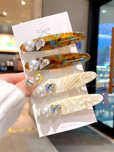 South Korea Acetate Color Barrettes Rhinestone Pearl Fancy Word Clip Elegant Duckbill Clip Womens Broken Hair Organize Fantastic