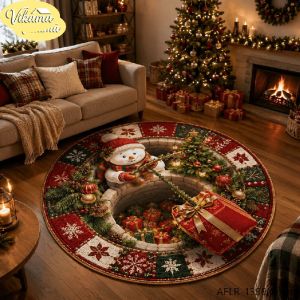 VIKAMA Christmas Round Rug 3D Snowman Driving Vintage Car Area Rug Living Room Holiday Home Decor Aesthetic Art Large Premium