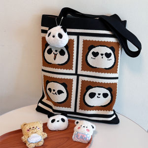 Chengdu Grandpa Cute Flower Same Style Knitting Panda Bag Woven Bag Handbag Computer Bag Large Capacity Shoulder Bag