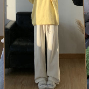 กางเกงขายาวทรงตรงผ้ากำมะหยี่หนาสำหรับผู้หญิงในฤดูใบไม้ร่วงและฤดูหนาว กางเกงขายาวทรงหลวมสบาย ๆ สำหรับผู้หญิงไซส์ใหญ่