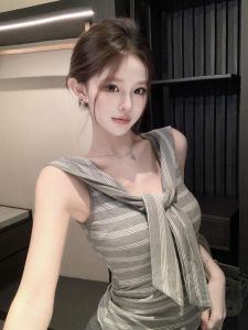 GUZILIAN | French Elegant Two-Way Sash One-Shoulder Stripe Sleeveless T-Shirt Women Summer Slimming Waist-Cinching Slim Fit Top