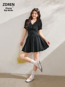 ZHANGDAREN | Đầm Đen Dáng Suông Kiểu Pháp Có eo Nép và Vòng Cổ Voan