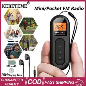 KEBETEME Mini Clip FM Radio Pocket Rechargeable Stereo Radio with LCD Display Wired 3.5mm Headphones For Meetings Tours Running