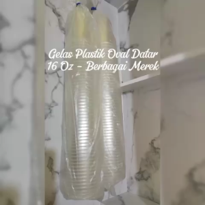 (ALL SERIES) GELAS DATAR NATURAL PLASTIK 16 OZ BERBAGAI MEREK 1 PACK ISI 50 PCS
