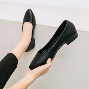 Black Work Shoes Womens Elegant Professional Thick Heel Comfortable New Summer Soft Leather Pointed Toe Flat Bottom Single Shoes