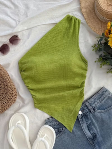 Áo Thun Nữ Mùa Hè Cổ Bất Đối Xứng Kiểu Dáng Ngắn Chất Liệu Polyester Co Giãn Cao Phong Cách Y2K Màu Trơn Chất Liệu Dệt Kim