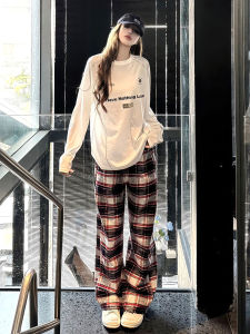 ZHUOCAN | Red Plaid Splicing Wide Leg Casual Trousers