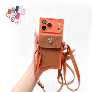Flower Card Holder Phone Case For iPhone 18 Pro Max 17 16 15 14 PU Leather Wallet Cover With Crossbody Lanyard Shockproof Protective Casing