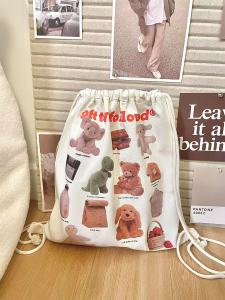 Cute Bear Canvas Bag Versatile Drawstring Shoulder Backpack for Girls Casual College Student Carry Bag with Zipper Closure