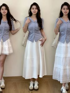 2024 Summer Pure Desire Squared-Neck T-Shirt Shoulder Pleat Short Sleeve Irregular Top White Half-length Skirt Set for Women