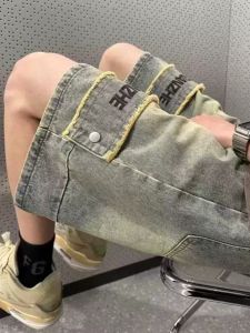 Handsome Yellow Mud Denim Shorts Mens Trendy Summer Thin American Retro Washed Distressed Loose Casual Cropped Pants