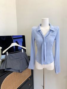 Silk Shirts Womens Slim Fit Long Sleeve Striped Waist Cinched Shirt Tops V Neck Button Closure French Style Fashion Autumn New