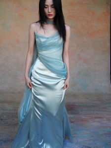 Elegant Blue Morning Robe Wedding Dress for Women New Chinese Style Bride Gown Luxury Sensation Cocktail Dress Party Gown