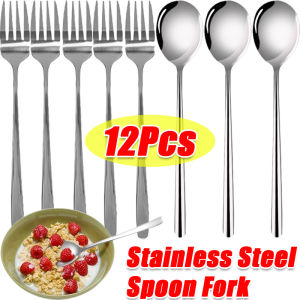 12pcs Korean Style Stainless Steel Spoon Fork / Food Grade Long Handle Dinner Spong and Fork / High Quality Thickened Household Spoon Fork for Dessert Drink Coffee