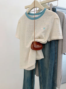 Áo Thun Nữ Tay Ngắn Cổ Tròn Thêu Họa Tiết Sọc Màu Khối Rộng Rãi Mùa Hè Thường Ngày Dài Vừa Phải Phong Cách Hàn Quốc