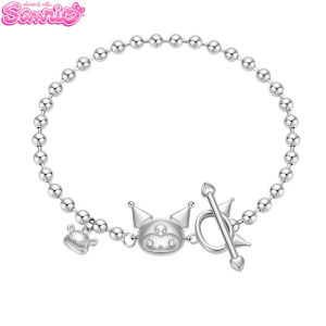 Sanrio | Silver Tone Kuromi Beaded Bracelet Zinc Alloy with Ball Chain & 3D Kuromi Charm Toggle Clasp Wristband for Sanrio Fans