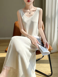 French Tassel Ice Silk Curly Bamboo Knitted Wrap Dress Womens Base Long Sleeveless U-Neck Vest Summer Dress Casual Style