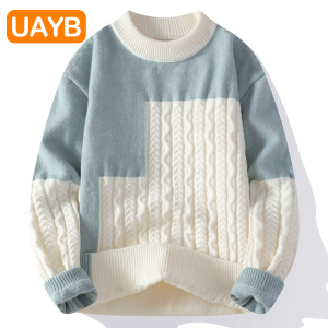 เสื้อสเวตเตอร์คอกลมแขนยาวผู้ชาย UAYB ทรงหลวม สไตล์ลำลอง สำหรับฤดูใบไม้ร่วงและฤดูหนาว ดีไซน์สีบล็อก ผ้าฝ้ายผสม