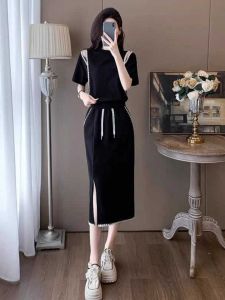 European Goods Black Fashion Outfit Skirt Womens Summer off-Shoulder Western Style Youthful-Looking Casual Sports Short Sleeve Skirt Two-piece Set