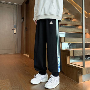 Youth Casual Sports Pants Mens Autumn Stripe American Style Loose Fit Black Trendy Print Elastic Waist Long Trousers