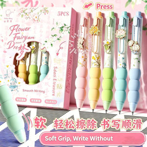 Flower Print Retractable Erasable Gel Pens Pastel Soft Grip 0.5mm Blue Ink 5Pcs Set for Students