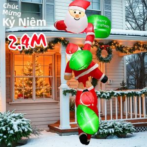 Ông Già Noel Leo Núi Bơm Hơi 24M Màu Xanh Lá Cây Giáng Sinh Có Đèn LED Để Trang Trí Mái Nhà/cửa Sổ/dầm Trong Nhà/ngoài Trời