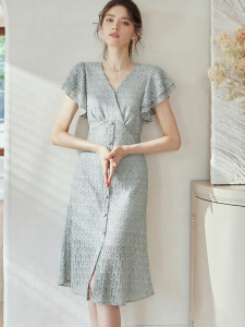 Roey s house | V-Neck Flared Sleeve Lace Fish Tail Skirt Dress