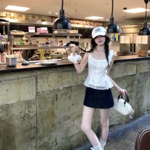 VKSOD | Pure Desire White Lace Trim Belted Halter Top Womens Summer High Waist Slimming Half Skirt Set Buttoning Two-Piece Ensemble