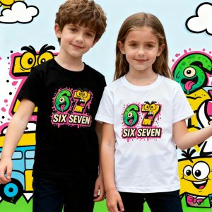 Bandai | 67 Meme Funny Childrens T-Shirt Six Seven Comic Style Christmas Shirt Creative Design Boys Girls Fashion Xmas Casual Top