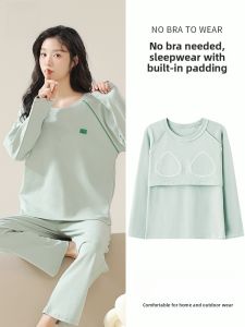 MiiOW | Pure Cotton Sleepwear Set With Chest Pad Womens Long Sleeve Long Pants Home Clothes Spring Autumn Season Comfortable Home Clothes