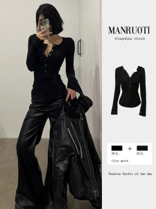 Slim Fit Long Sleeve Black T-Shirt Womens Autumn Winter Inner Wear Casual Sweet And Spicy Style V Neck Base Shirt Top