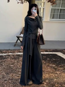 Ge·an·fei | Korean Style Elegant Autumn Grey Long Sleeve Top Wide-leg Pants Two-piece Set for Women