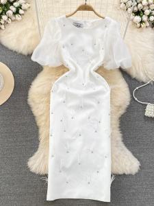 ชุดเดรสยาวปานกลางแขนพองคอตั้งเอวสูงกระโปรงทรงเอผ่าหน้าด้านหลัง ชุดราตรีผ้าผสมคอตตอนผสมสแปนเด็กซ์ฤดูร้อน