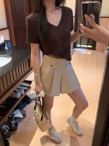 Pusumede College Style Pleated Mini Skirt Age-Defying High Waist Loose Fit Short Skirt Pure Color Cotton Material