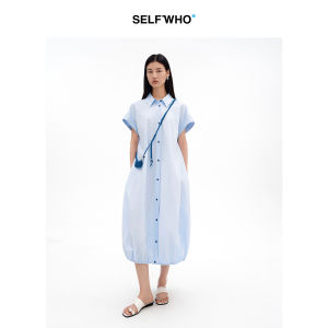 Cotton Classic Turn-down Collar Dress Women Casual Work Wear Floral Hem Long Dress
