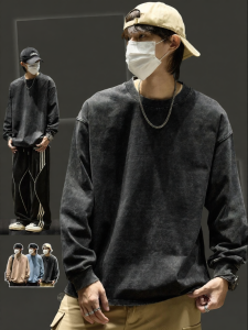 SZON | Mens Long Sleeve T-Shirt Casual Vintage Washed Cotton Solid Color Round Neck Loose Fit