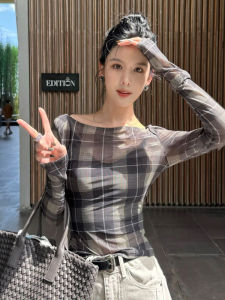 เสื้อยืดแขนยาวผู้หญิงฤดูร้อน 2025 ดีไซน์ใหม่ เสื้อคลุมกันหนาวแบบบาง ทรงสลิมฟิต เสื้อผ้าทำงานสไตล์เกาหลี ระบายอากาศได้ดี