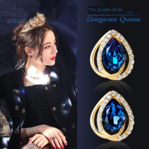 Korean Style Sapphire Drop Diamond Embedded Crystal Pure Silver Needle Earrings No Piercing Required Fashionable Celebrity Style Ear Jewelry