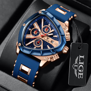 LIGE Sports Triangle Men Watches Luminous Pointers Fashion Rubber Strap Military Irregular Quartz Wristwatch Waterproof Watch +Box