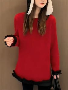 QINGNAER | Relaxed Oversized Lace Collar Knitted Sweater