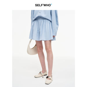 Cotton Wool Blend Blue Wide Waist Ruffles Skirt