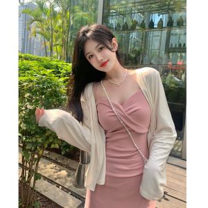 Plus Size Loose-Fit French Strap Pink Belly Covering Slim Looking Dress Special-Interest Design Chubby Girl Waist Tight Sweet and Spicy Dress