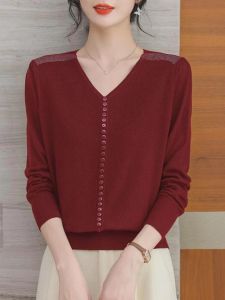 เสื้อถักแขนยาวคอวีหลวมๆ สีแดง เสื้อชั้นในทรงหลวมๆ สำหรับผู้หญิง ฤดูใบไม้ร่วง/ฤดูหนาว เสื้อคลุมกันหนาวแบบลำลอง