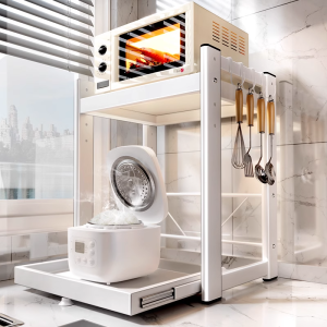 Kitchen Multi-Function Storage Rack Microwave Drawer Pot Holder Metal Countertop Shelf Fried Pot Storage Cabinet Organizer