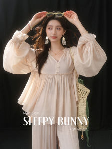 Ears Hem V-Neck Puff Sleeve Doll Shirt