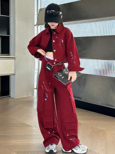 ชุดเด็กผู้หญิงสไตล์เกาหลี ชุดยีนส์สีแดง 2 ชิ้น เอวสูง แขนยาว ทรงเข้ารูป เสื้อผ้าเด็กผู้หญิง